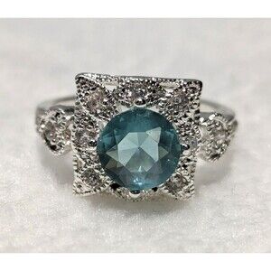 Faceted Faux Topaz Clear Rhinestone Ring Silver Tone Size 8